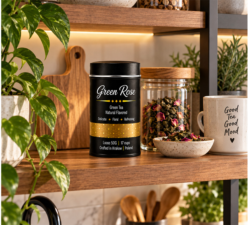 Green Rose Leo Tea – zielona herbata z różą w metalowej puszce 50g